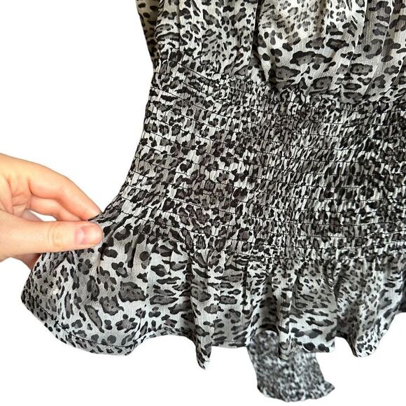 HYFVE Leopard Print Puff Sleeve Smocked Ruffle Peplum Hem Blouse - Picture 5 of 12